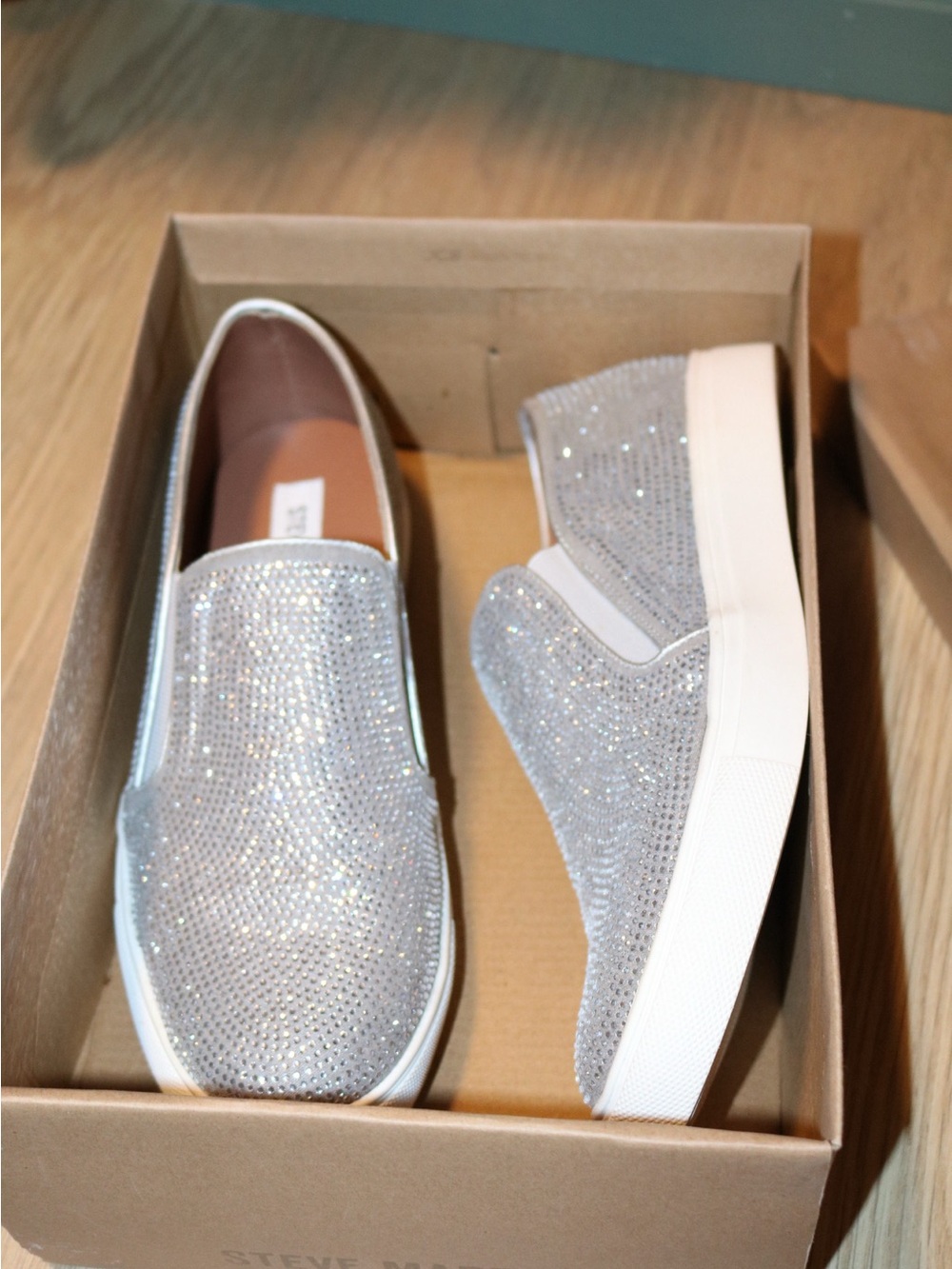 Steve Madden Silver Crystal Slip-On Sneakers with White Platform